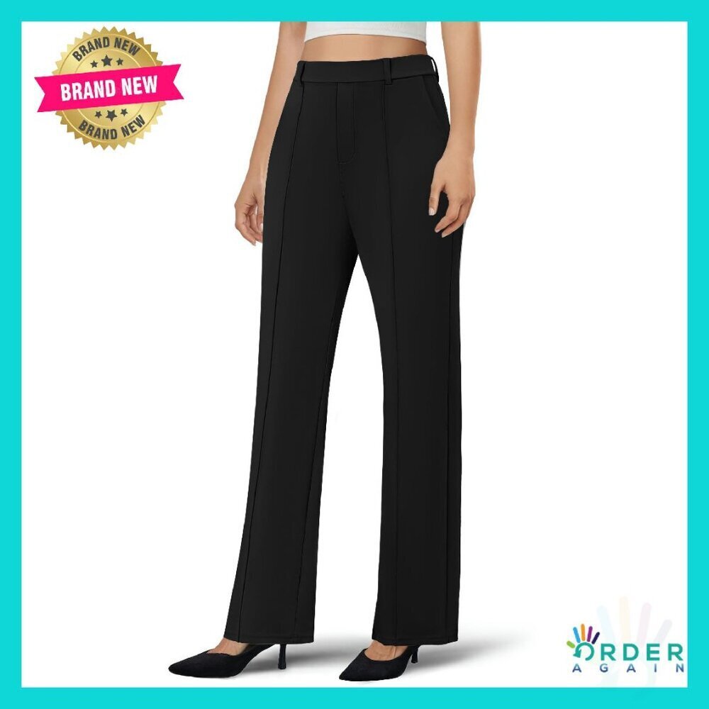 Wide Leg Work Pants Stretchy Pull On High Waisted Office Trousers Chic